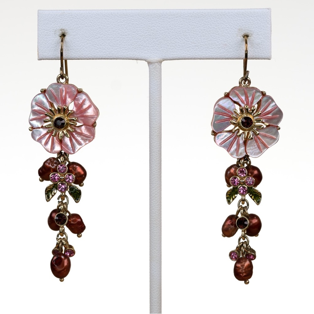 Floral Pink and Brown Dangle Earrings